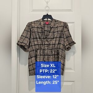 Sunny Leigh Plaid Short Sleeve Blouse, EUC, Size XL